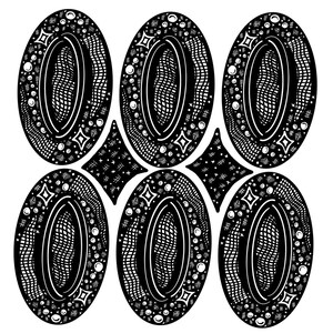 May include: Black and white abstract design with six overlapping oval shapes. Each oval has a smaller oval inside and is decorated with a pattern of dots, lines, and stars.