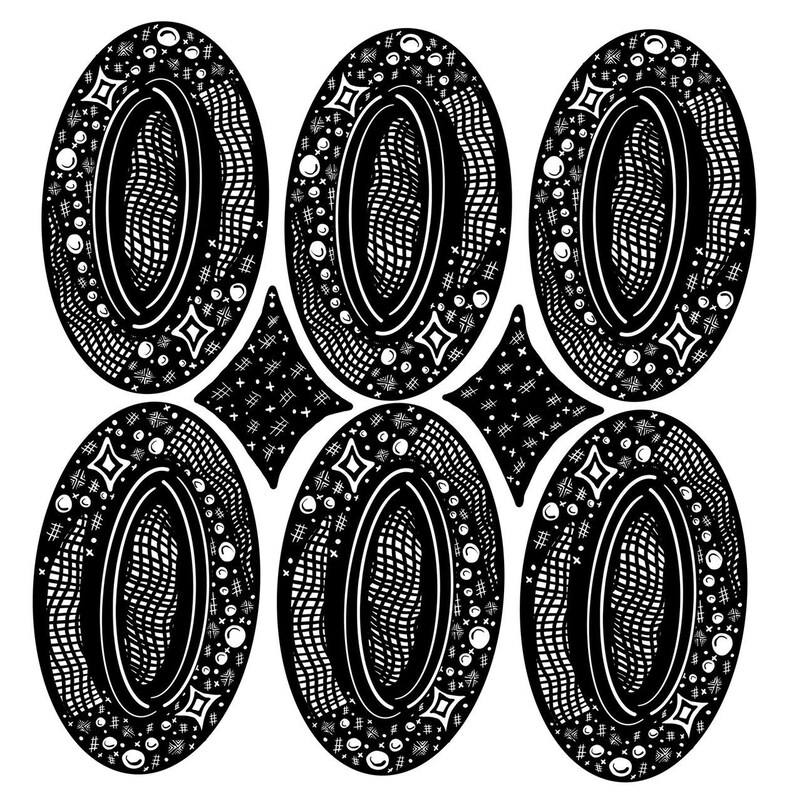 May include: Black and white abstract design with six overlapping oval shapes. Each oval has a smaller oval inside and is decorated with a pattern of dots, lines, and stars.