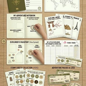 May include: A collection of printable travel-themed pages, including a passport, world map, adventure notebook, and visa stamps. The pages feature illustrations of landmarks and cultural icons, with space for notes and photos. The bundle is designed for children.