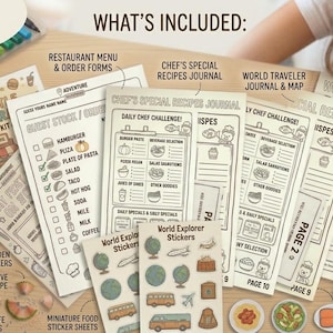 May include: A pretend play kit with the text "MY LITTLE RESTAURANT". Includes a colored pencil set, restaurant menu, recipe journal, world traveler journal, wooden flag markers, compass, stickers, and more. The kit is designed for creative play.