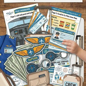 May include: A colorful kids' flight crew roleplay kit with various items, including a pilot dashboard, junior crew passes, snacks, and a junior pilot license. The kit features a suitcase, money, and airplane-themed accessories.