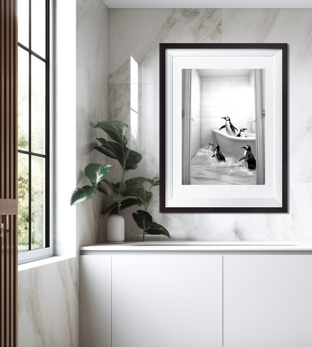 Penguin in Bath Prints Funny Animal Print Bath Time Art Animal in