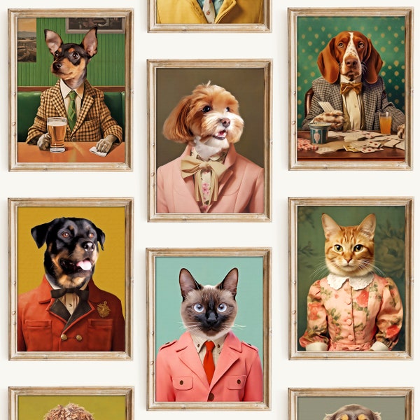 Retrato personalizado de mascota, póster inspirado en Wes Anderson, dibujo personalizado de gato perro a partir de una foto, regalo de memoria de mascota para amantes de los perros, arte de pared divertido