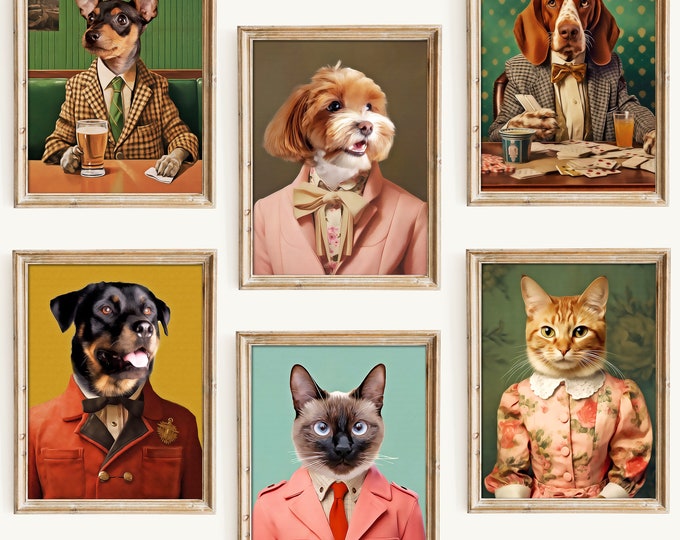 Personalised Pet Portrait, Wes Anderson Inspired Poster, Custom Dog Cat Drawing From Photo, Pet Memory Gift for Dog Lover, Funny Wall Art