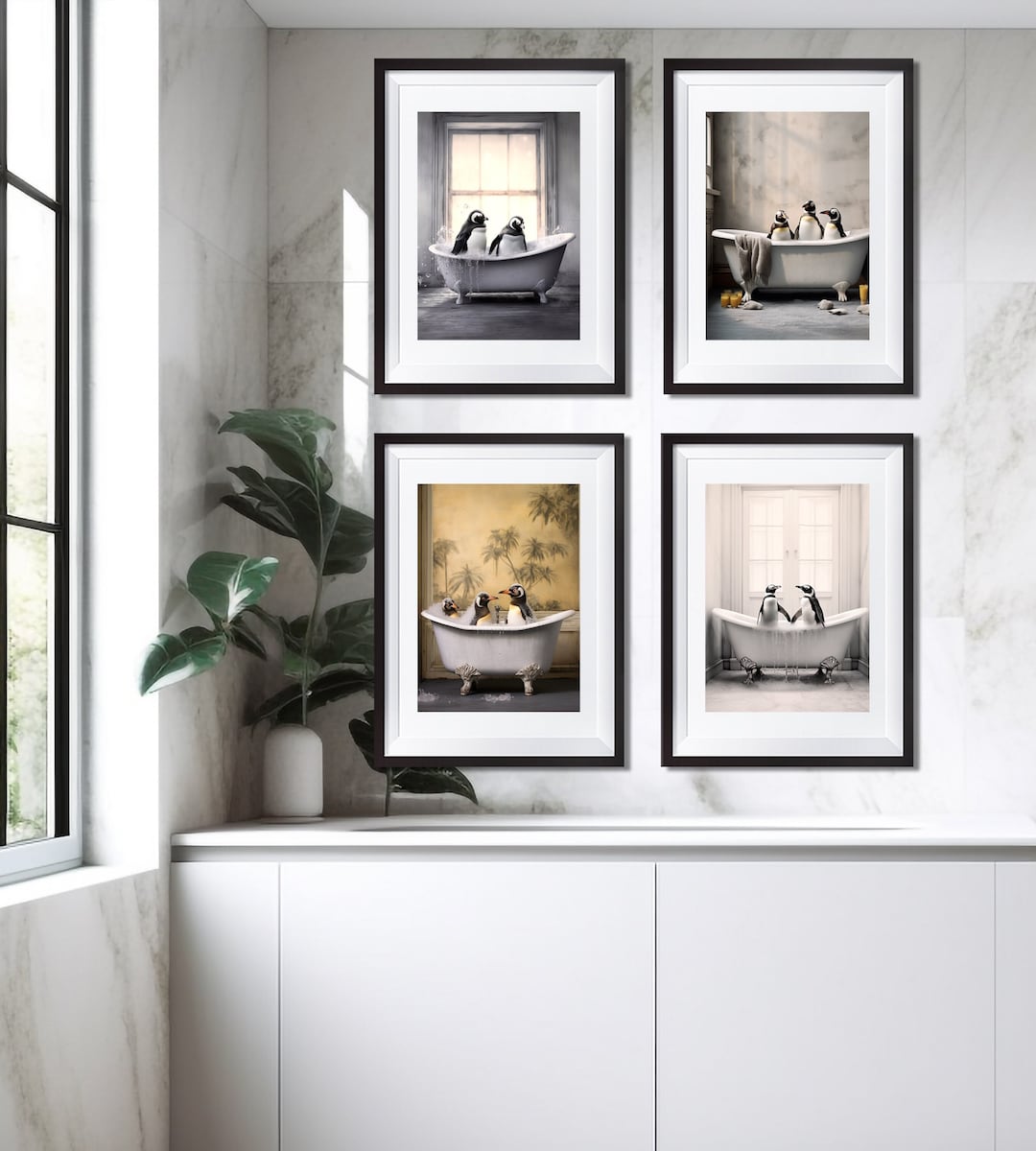Set of 4 Penguin in Bath Prints Funny Animal Print Bath Time Art Animal