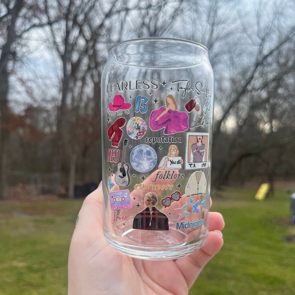 Taylor Swift Glass Cup, Eras Tour Cup, Evermore, Taylors Version, Beer Can Glass, 1989, Red, Fearless, Swiftie, TStheerastour, Bestie