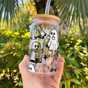Ghost Beer Can Glass, Middle Finger Ghost Cup, Halloween Iced Coffee Glass, Spooky Cup, Funny Ghost Glass, Bamboo Lid and Straw, Boba Glass