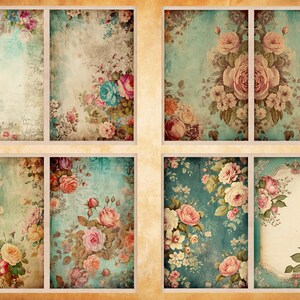K&ouml;nnte beinhalten: Sechs quadratische Papiere im Vintage-Stil mit floralen Mustern und einem abgenutzten, gealterten Look. Die Muster zeigen rosa, wei&szlig;e und blaue Rosen mit gr&uuml;nen Bl&auml;ttern auf hellblauem Hintergrund.