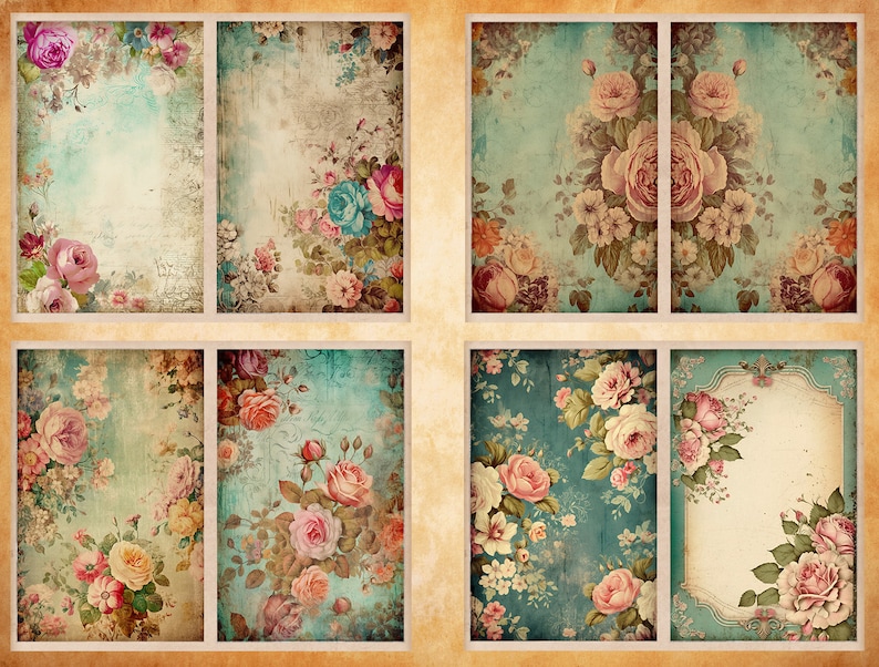 K&ouml;nnte beinhalten: Sechs quadratische Papiere im Vintage-Stil mit floralen Mustern und einem abgenutzten, gealterten Look. Die Muster zeigen rosa, wei&szlig;e und blaue Rosen mit gr&uuml;nen Bl&auml;ttern auf hellblauem Hintergrund.