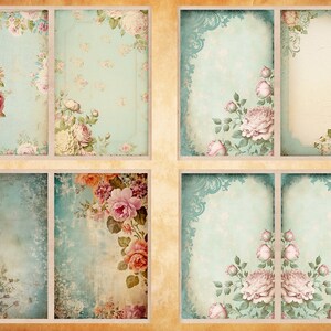 K&ouml;nnte beinhalten: Ein Satz von sechs Vintage-Style-Druckkarten mit hellblauem Hintergrund und floralen Designs. Die Karten haben zarte Spitzenr&auml;nder und rosa Rosen.