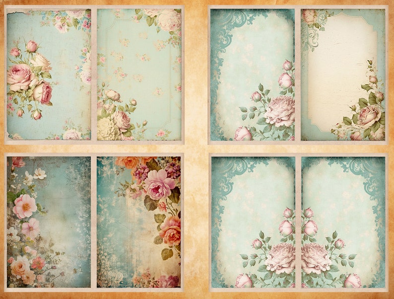 K&ouml;nnte beinhalten: Ein Satz von sechs Vintage-Style-Druckkarten mit hellblauem Hintergrund und floralen Designs. Die Karten haben zarte Spitzenr&auml;nder und rosa Rosen.