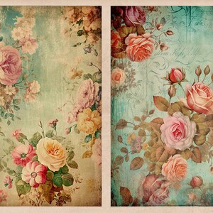 K&ouml;nnte beinhalten: Zwei Vintage-Blumenmuster mit einem verblassten, strukturierten Hintergrund. Die Muster zeigen rosa, gelbe und wei&szlig;e Rosen mit gr&uuml;nen Bl&auml;ttern.