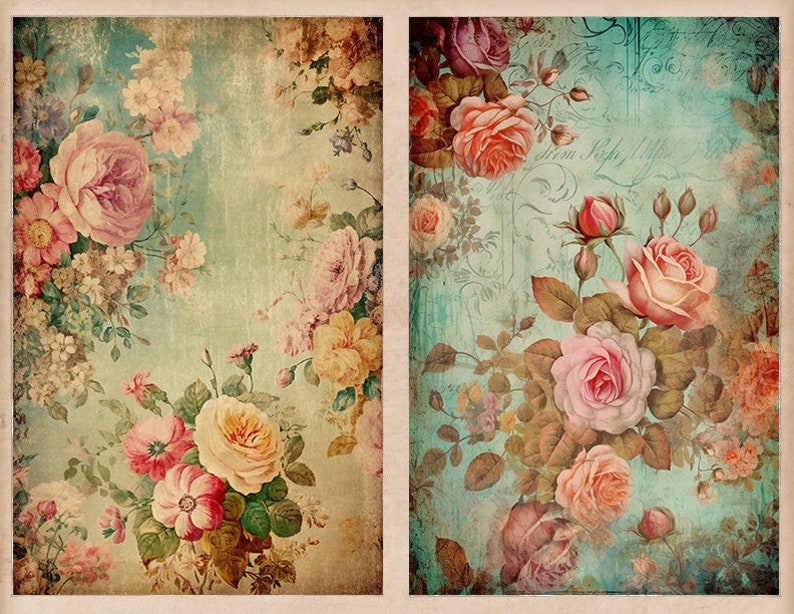 K&ouml;nnte beinhalten: Zwei Vintage-Blumenmuster mit einem verblassten, strukturierten Hintergrund. Die Muster zeigen rosa, gelbe und wei&szlig;e Rosen mit gr&uuml;nen Bl&auml;ttern.