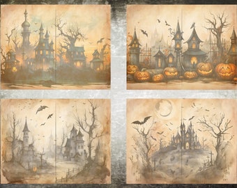 Unbeschriebene/linierte Journalseiten, Junk Journal Basic Papiere, druckbare Shabby Seiten, Halloween Themenpapier Vintage, Halloween Collage Bogen