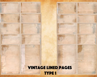 Leere/linierte Journalseiten, Junk Journal Basic Papiere, druckbare Shabby Seiten, Vintage liniertes Themenpapier, Vintage linierte Seiten Collage Bogen