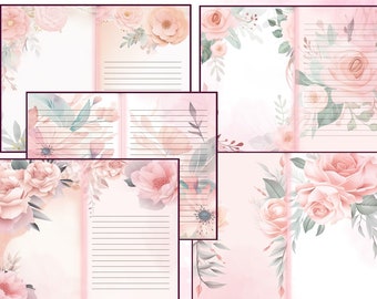Blank/Lined Journal Pages, Junk Journal Basic Papers, Printable Shabby Pages, Floral Theme Paper Vintage, Pink floral Collage sheet, Lined