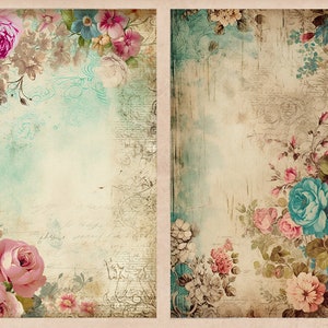 K&ouml;nnte beinhalten: Zwei Scrapbook-Seiten im Vintage-Stil mit einem floralen Rand. Die Seiten haben einen verblassten, strukturierten Hintergrund in einem hellblauen und cremefarbenen Farbschema. Der florale Rand zeigt rosa, blaue und wei&szlig;e Rosen sowie andere Blumen und Bl&auml;tter.