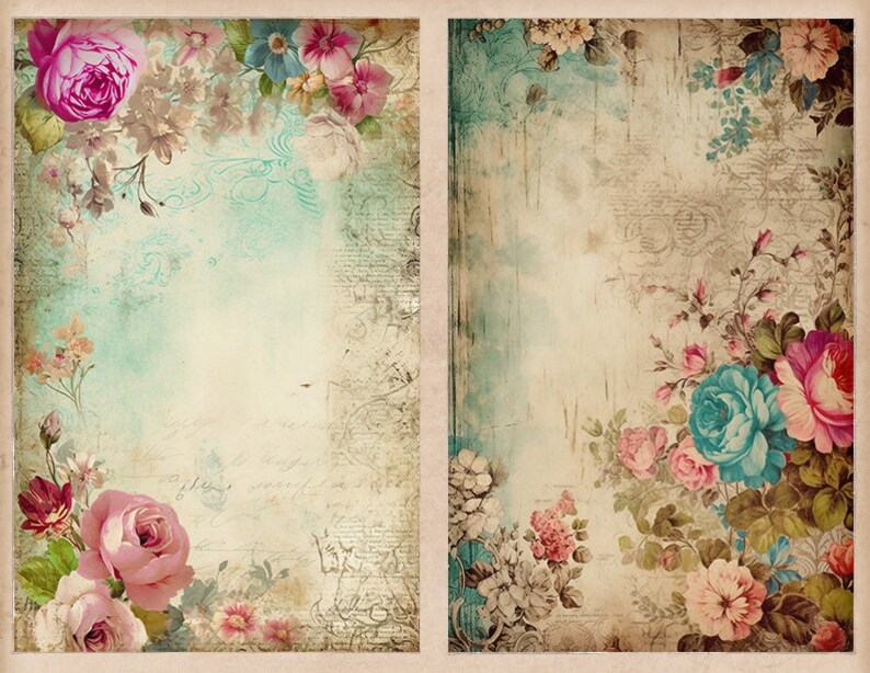 K&ouml;nnte beinhalten: Zwei Scrapbook-Seiten im Vintage-Stil mit einem floralen Rand. Die Seiten haben einen verblassten, strukturierten Hintergrund in einem hellblauen und cremefarbenen Farbschema. Der florale Rand zeigt rosa, blaue und wei&szlig;e Rosen sowie andere Blumen und Bl&auml;tter.