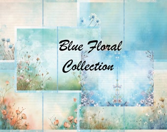 Blank/linierte Journalseiten, Junk-Journal Papiere, Druckbare Shabby Seiten, Blumen Thema Papier Vintage, Blaue florale Collage Seite, liniert