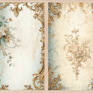 K&ouml;nnte beinhalten: Zwei Vintage-Rahmen mit verziertem goldenen Rahmen und floralen Designs. Der linke Rahmen zeigt einen Strau&szlig; wei&szlig;er Blumen mit gr&uuml;nen Bl&auml;ttern auf hellblauem Hintergrund. Der rechte Rahmen zeigt eine einzelne wei&szlig;e Blume mit braunen Bl&auml;ttern auf cremefarbenem Hintergrund.