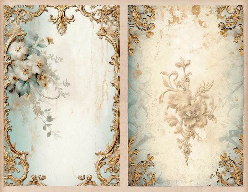 K&ouml;nnte beinhalten: Zwei Vintage-Rahmen mit verziertem goldenen Rahmen und floralen Designs. Der linke Rahmen zeigt einen Strau&szlig; wei&szlig;er Blumen mit gr&uuml;nen Bl&auml;ttern auf hellblauem Hintergrund. Der rechte Rahmen zeigt eine einzelne wei&szlig;e Blume mit braunen Bl&auml;ttern auf cremefarbenem Hintergrund.