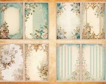Leere/linierte Journalseiten, Junk Journal Basic Papiere, druckbare Shabby Seiten, Blaue Blumen Thema Papier Vintage, Vintage Floral Collage Blatt