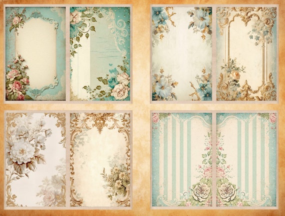 Blank/Lined Journal Pages, Junk Journal Basic Papers, Printable Shabby Pages, Blue Flower Theme Paper Vintage, Vintage Floral Collage sheet