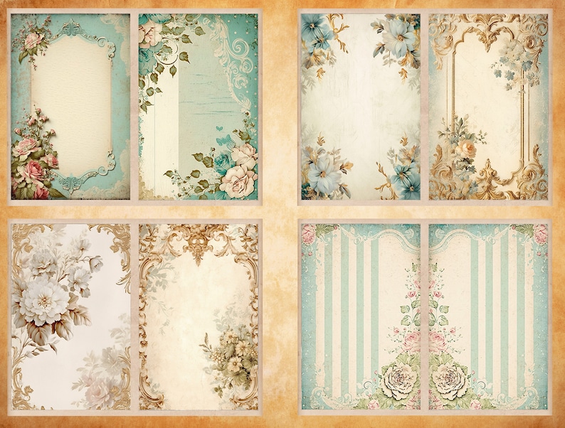 K&ouml;nnte beinhalten: Satz von acht druckbaren Scrapbooking-Papierdesigns im Vintage-Stil mit floralen Mustern und verzierten Rahmen in Blau-, Gold- und Wei&szlig;t&ouml;nen.