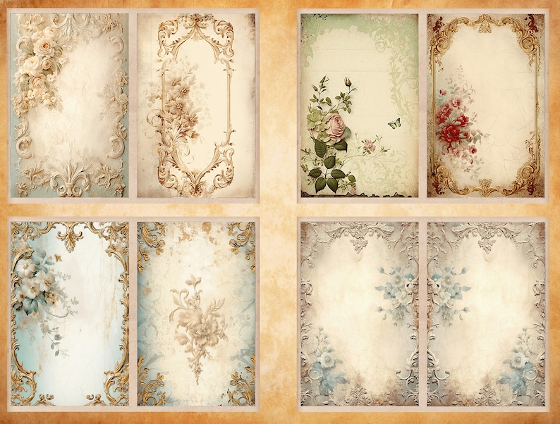 K&ouml;nnte beinhalten: Sechs Vintage-Rahmen mit verzierten goldenen und wei&szlig;en R&auml;ndern. Jeder Rahmen zeigt ein anderes Blumenmuster mit Rosen, Schmetterlingen und Bl&auml;ttern. Die Rahmen sind vor einem strukturierten, beigefarbenen Hintergrund platziert.