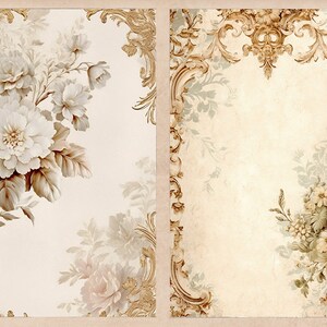 K&ouml;nnte beinhalten: Zwei digitale Druckpapiere im Vintage-Stil mit floralem Design. Die linke Seite zeigt eine gro&szlig;e wei&szlig;e Blume mit braunen Bl&auml;ttern und einem hellen Hintergrund. Die rechte Seite zeigt einen goldenen verzierten Rahmen mit einem hellen Hintergrund und einem kleinen floralen Design in der rechten unteren Ecke.
