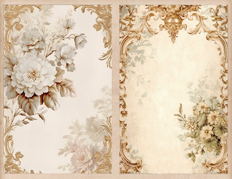 K&ouml;nnte beinhalten: Zwei digitale Druckpapiere im Vintage-Stil mit floralem Design. Die linke Seite zeigt eine gro&szlig;e wei&szlig;e Blume mit braunen Bl&auml;ttern und einem hellen Hintergrund. Die rechte Seite zeigt einen goldenen verzierten Rahmen mit einem hellen Hintergrund und einem kleinen floralen Design in der rechten unteren Ecke.