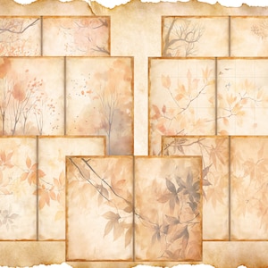 May include: A set of eight vintage-style paper pages with a watercolor design of autumn leaves and branches. The pages have a distressed, aged look and are perfect for scrapbooking, card making, or other paper crafts.