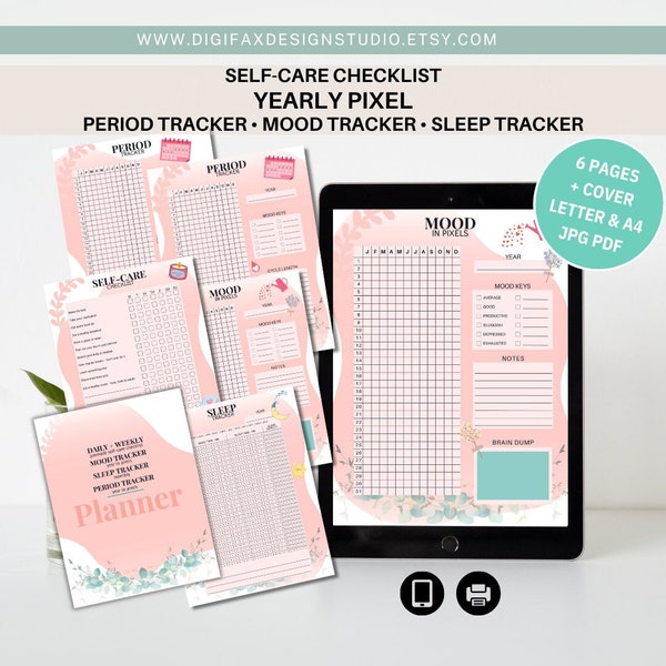 Self Care Checklist Printable Sleep Period Mood tracker printable Year in pixels tracker Yearly Pixel Period Sleep Mood Tracker List