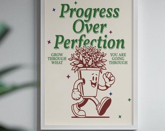 Grafika „Postęp ponad perfekcją” – doniczka w stylu retro, nastawienie na rozwój