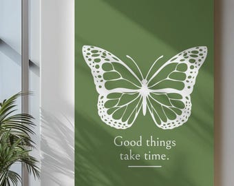 Szałwiowo-zielony nadruk z motylem – minimalistyczna sztuka zdrowia psychicznego