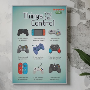 Op de afbeelding: Een motiverende poster met een blauwe achtergrond en de tekst "Things You Can Control" in een gepixelde lettertype. De poster toont verschillende videogamecontrollers met tekst eronder, zoals "I can control my thoughts" en "I can control my emotions".
