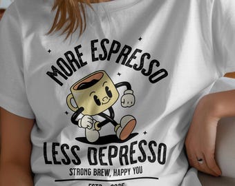 Koszulka „More Espresso Less Depresso” – Komfortowe kolory, prezent dla miłośnika kawy