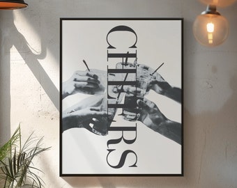 Cheers Print, Black and White Bar Cart Art (Digital Download)