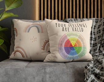 Therapy Office Decor Emotions Wheel Throw Pillow Your Feelings are Valid Feeling Wheel Pillow Case Mental Health Social Worker Rainbow DBT