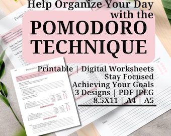 Zestaw arkuszy ćwiczeń z techniką Pomodoro – Planer ADHD, śledzenie celów (PDF, JPG)