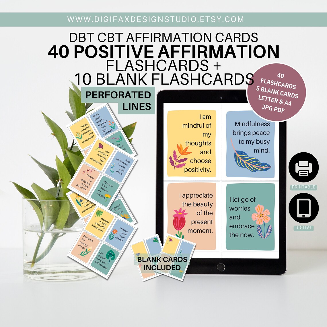 DBT Positive Affirmation Cards: Mindfulness, Therapy Tools (PDF, JPG ...
