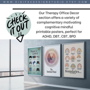 A display of three framed posters for therapy office decor by Digifax Design Studio. The posters cover topics such as emotional regulation, boundaries, and things you can control, designed for ADHD, DBT, CBT, and BPD support.