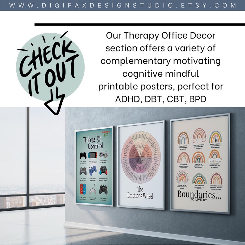A display of three framed posters for therapy office decor by Digifax Design Studio. The posters cover topics such as emotional regulation, boundaries, and things you can control, designed for ADHD, DBT, CBT, and BPD support.