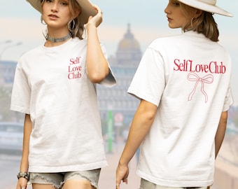 Retro Self Love Club Trendy Vintage Graphic Tee - Coquette Bow Summer Shirt, Oversized Tshirt, 90s Shirt - Comfort Colors Shirt