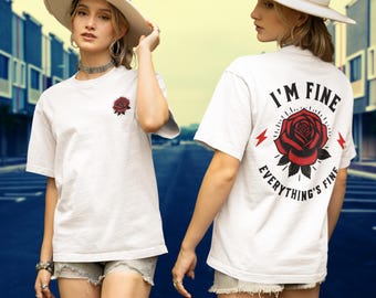Koszulka z grafiką w stylu vintage - koszulka z nadrukiem "I'm Fine Everything's Fine" - koszulka z nadrukiem w stylu oversize w kolorach Comfort, koszulka z motywem zdrowia psychicznego