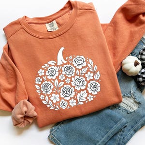 Floral Pumpkin Sweatshirt, Comfort Colors® Fall Shirt for Women, Halloween Pullover