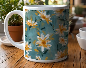 Painted Daisies Ceramic Jumbo Mug, Cottagecore Floral Tea Cup