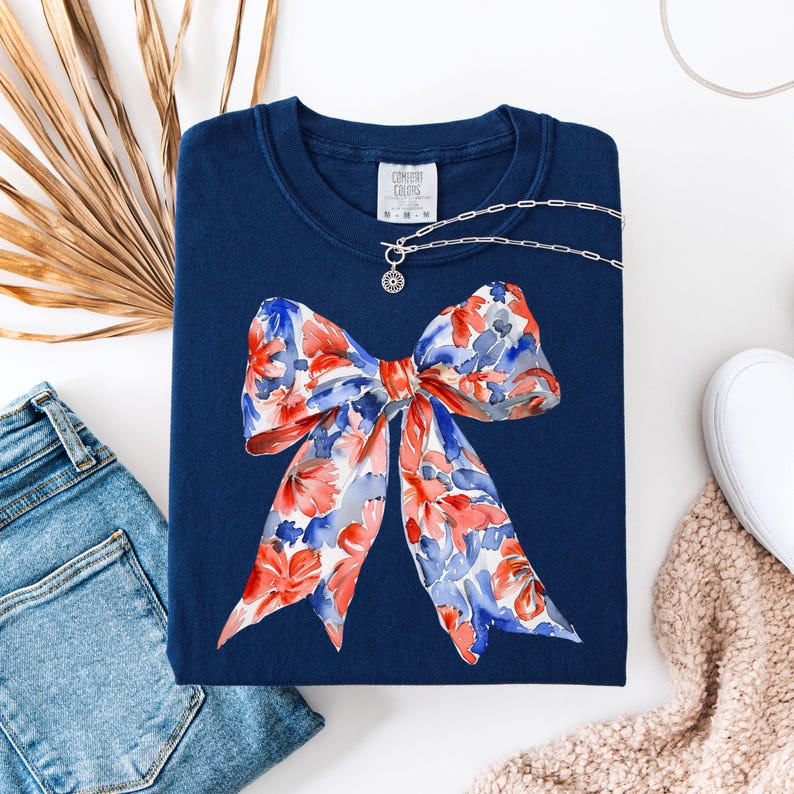 4th of July Floral Coquette Bow Shirt, Floral Independence Day Shirt, Patriotic Shirt, Gift for Bestie, Fourth of July Gift for Her