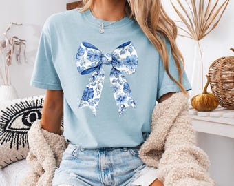 Blue Chinoiserie Floral Bow Shirt: Comfort Colors Cottagecore Tee