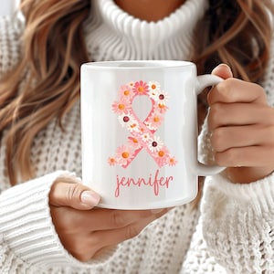 Personalized Floral Ribbon Breast Cancer Awareness Mug
